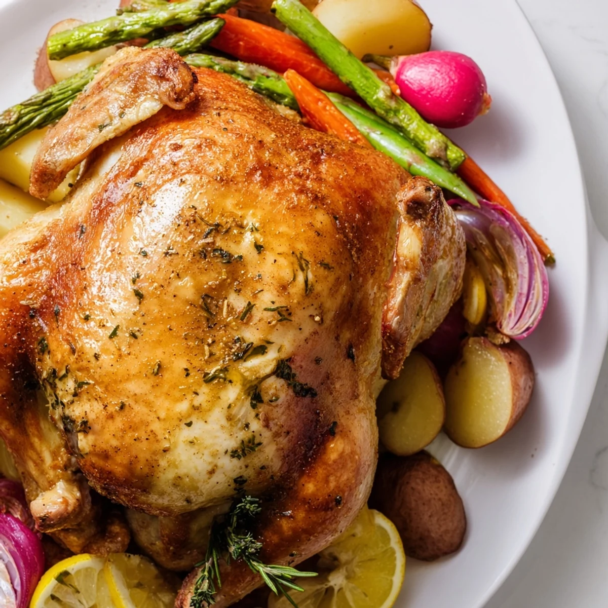 The Roasted Chicken with Spring Veggies features golden, crispy skin atop tender carrots and radishes arranged artfully.
