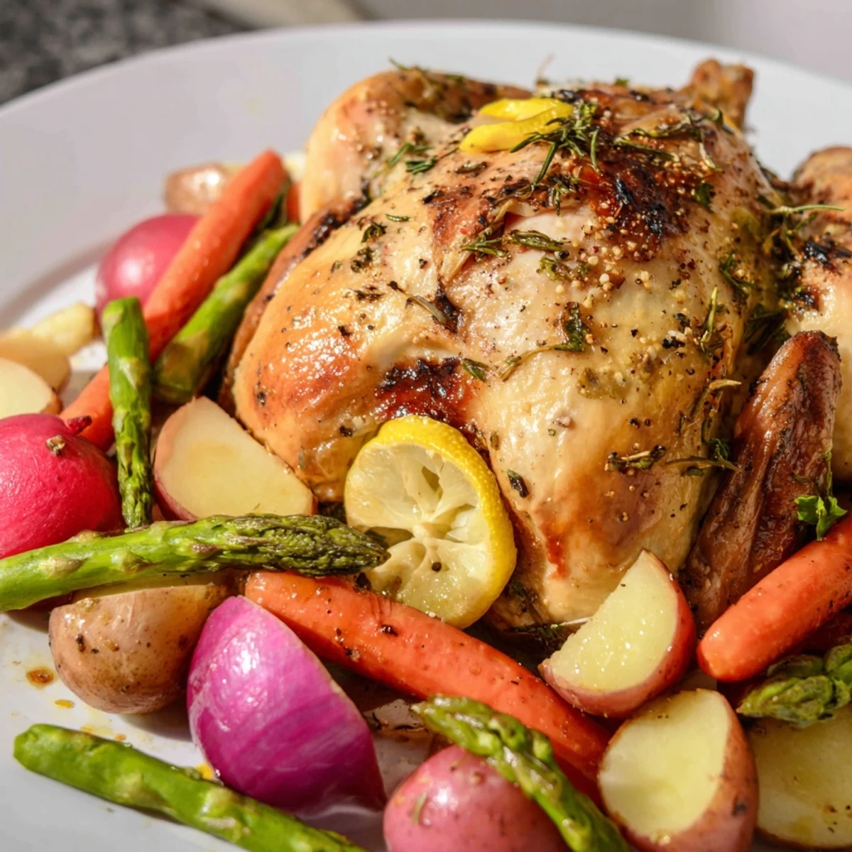 A close-up of Roasted Chicken with Spring Veggies showcases fragrant herbs and glistening olive oil over a hearty meal.