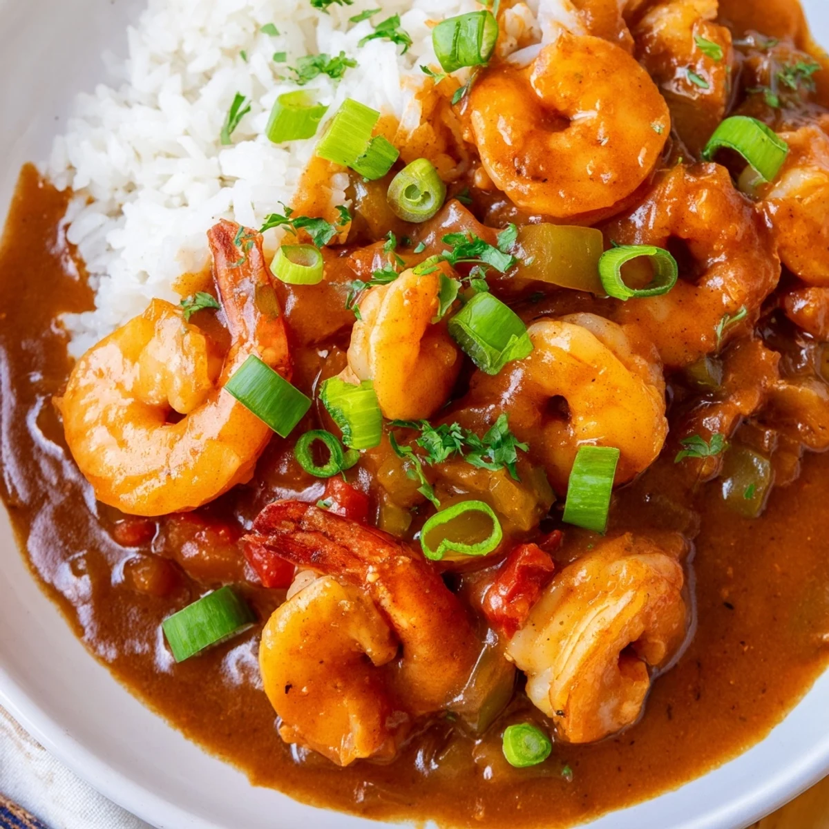 Golden-brown Mardi Gras Shrimp Étouffée simmering in a rich, tomato-based sauce over a bed of fluffy white rice.