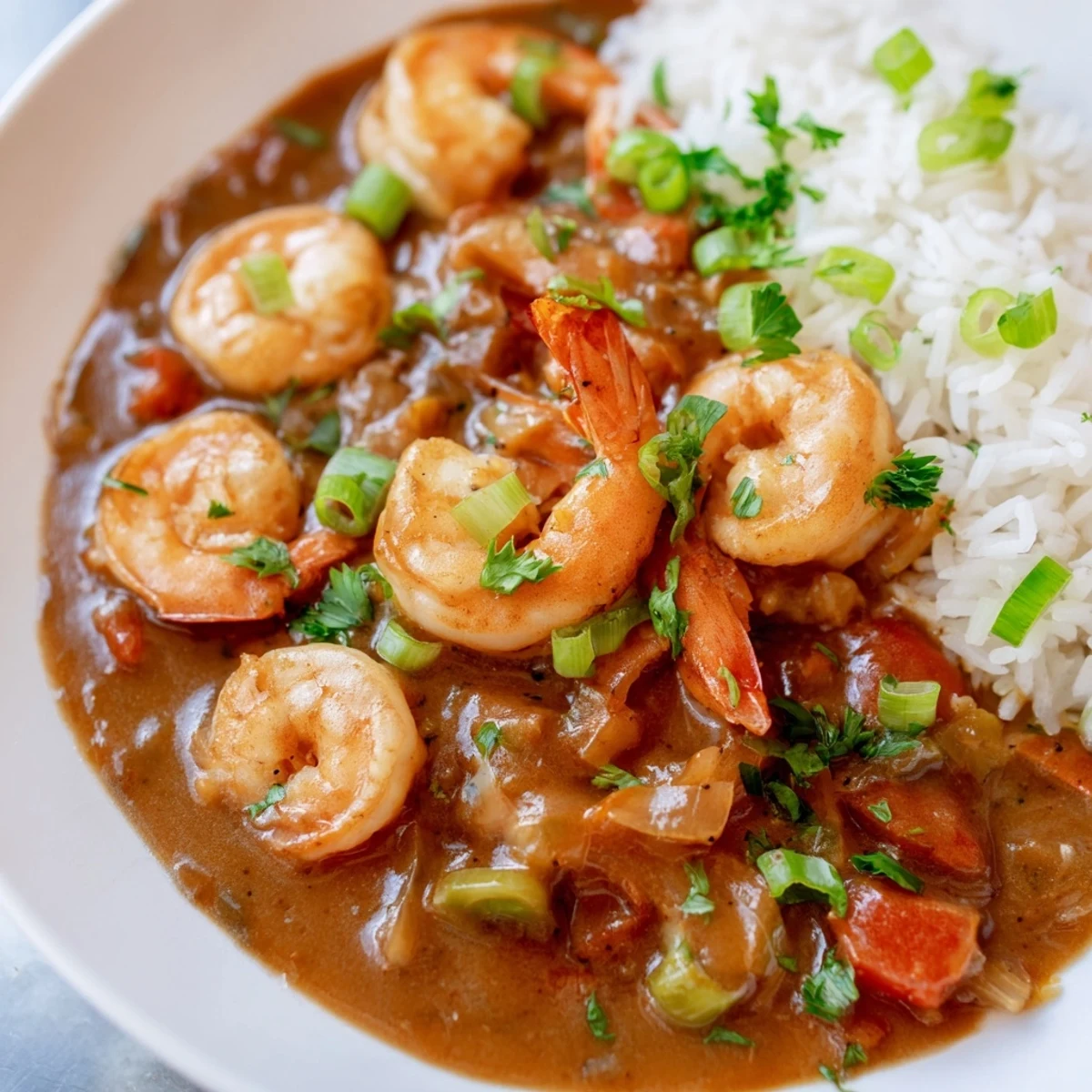 A close-up view of plump shrimp covered in a savory Creole sauce for Mardi Gras Shrimp Étouffée.