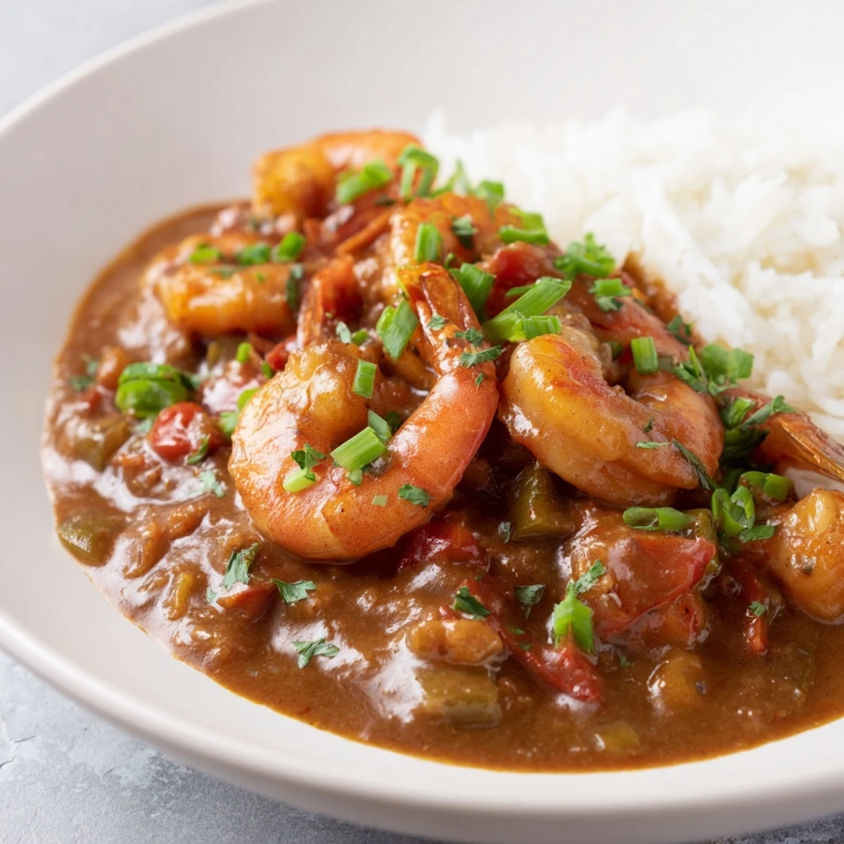 Plated Mardi Gras Shrimp Étouffée served over white rice with fresh parsley and lemon wedges garnish.