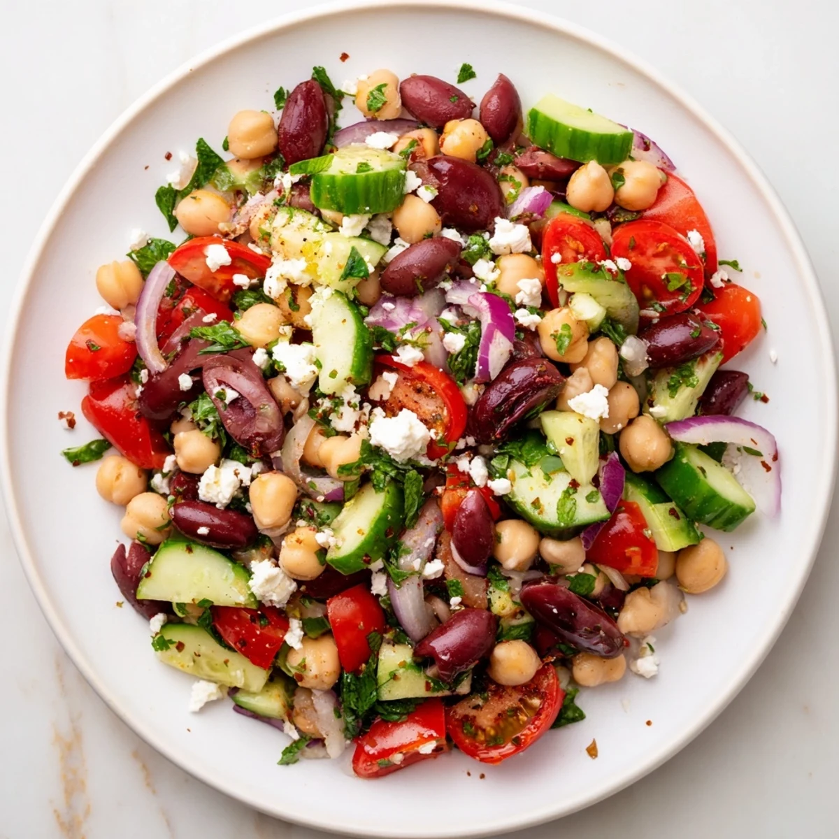 Close-up of a Mediterranean Dense Bean Salad in a white ceramic bowl, showcasing chickpeas, kidney beans, and fresh vegetables like cherry tomatoes and cucumbers with herbs.