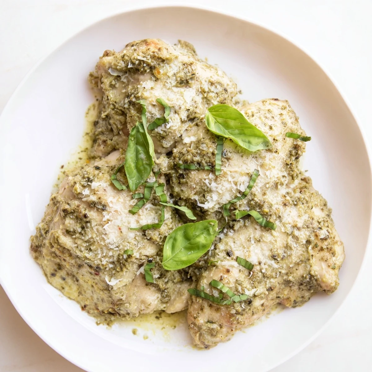 Golden-brown tender chicken thighs coated in creamy pesto ranch sauce in a slow cooker, a comforting weeknight main dish.