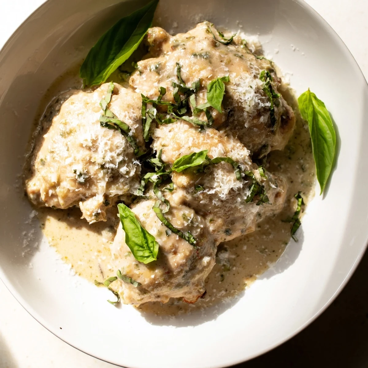 Pesto Ranch Crock Pot Chicken Thighs garnished with fresh basil and parmesan on a white plate with mashed potatoes.