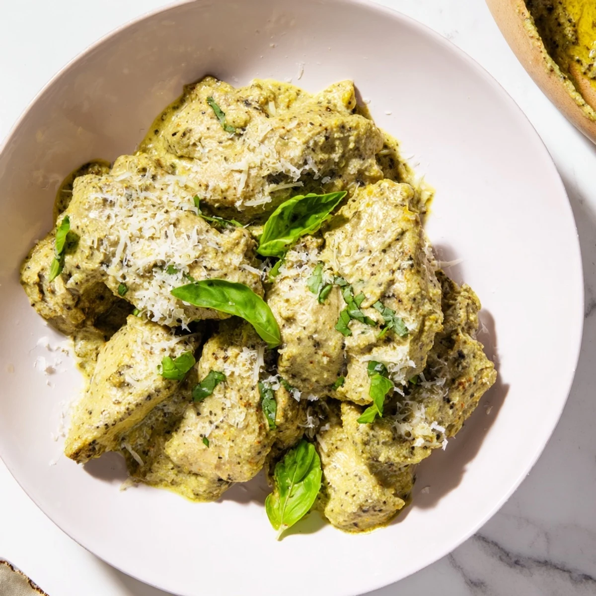 A Crock Pot meal of juicy Pesto Ranch Crock Pot Chicken Thighs served with a spoonful of rich green sauce.