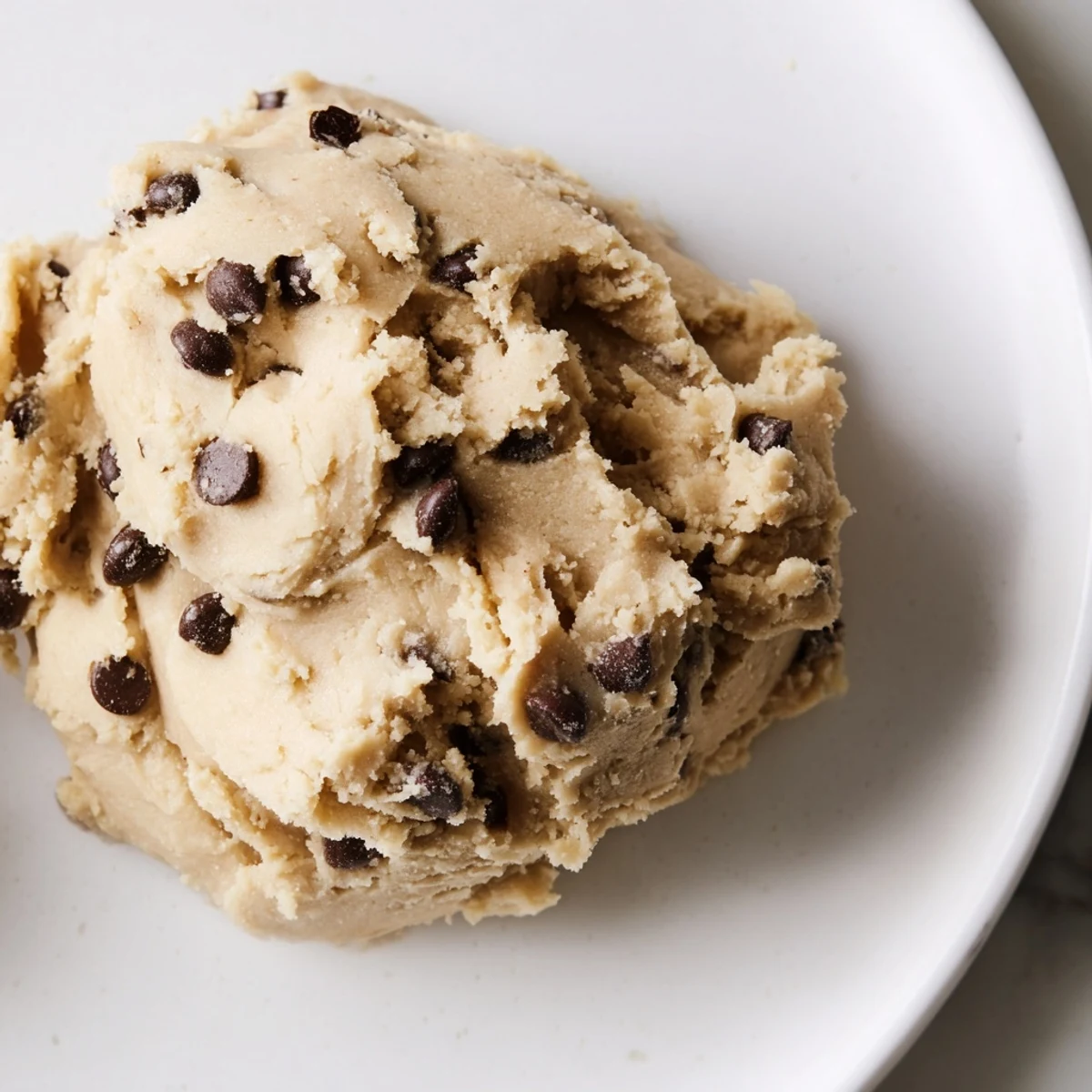 A hand holding a spoonful of Edible Keto Cookie Dough above a glass mixing bowl, showcasing its thick, low-carb consistency.