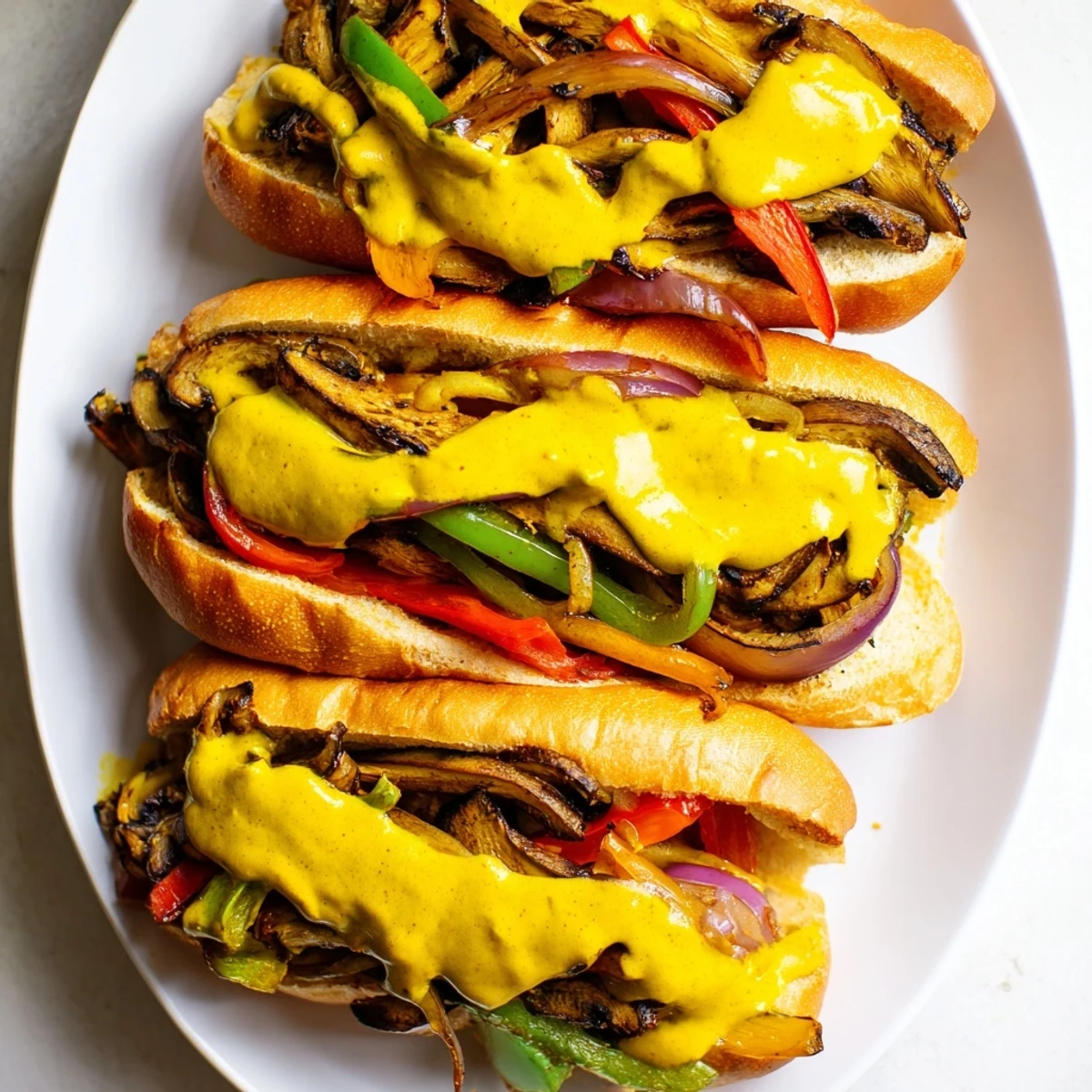 Thick vegan cheese sauce coats sautéed mushrooms and peppers in this Vegan Philly Cheesesteak served on a toasted hoagie roll.