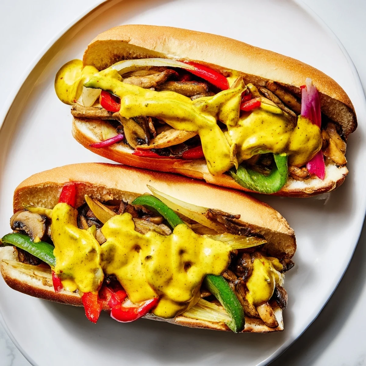 Golden brown portobello mushrooms and colorful bell peppers fill a soft hoagie roll for this plant-based Vegan Philly Cheesesteak.