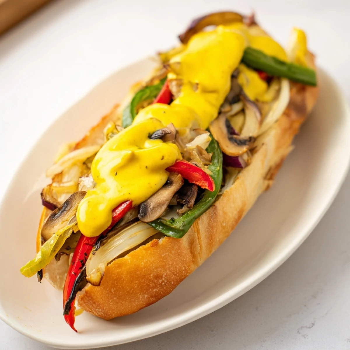 Toasted hoagie bread holds a savory mix of mushrooms, onions, and creamy vegan cheese sauce in this Vegan Philly Cheesesteak.