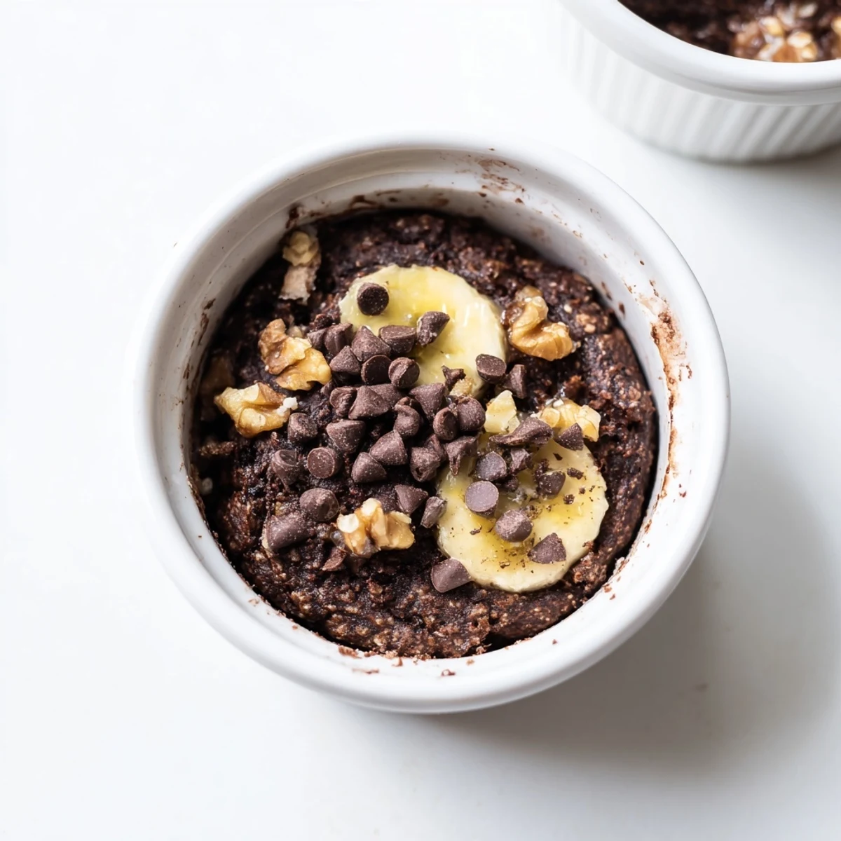 Golden-brown Easy Chocolate Baked Oats in a white ramekin, topped with melted chocolate chips and a drizzle of maple syrup.