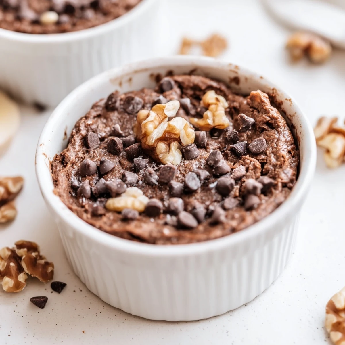 A warm serving of Easy Chocolate Baked Oats with a soft, fudgy center, ready to enjoy with a glass of milk.