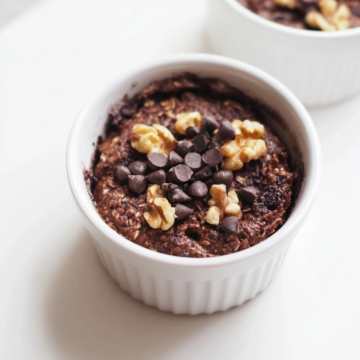 Two ramekins of Easy Chocolate Baked Oats showing a rich, cocoa-laden texture, perfect for a cozy American breakfast.