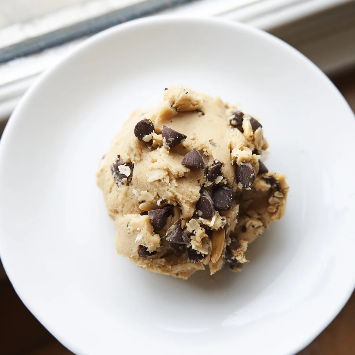 A spoonful of Chocolate Chip Greek Yogurt Cookie Dough shows creamy texture and mini chocolate chips.