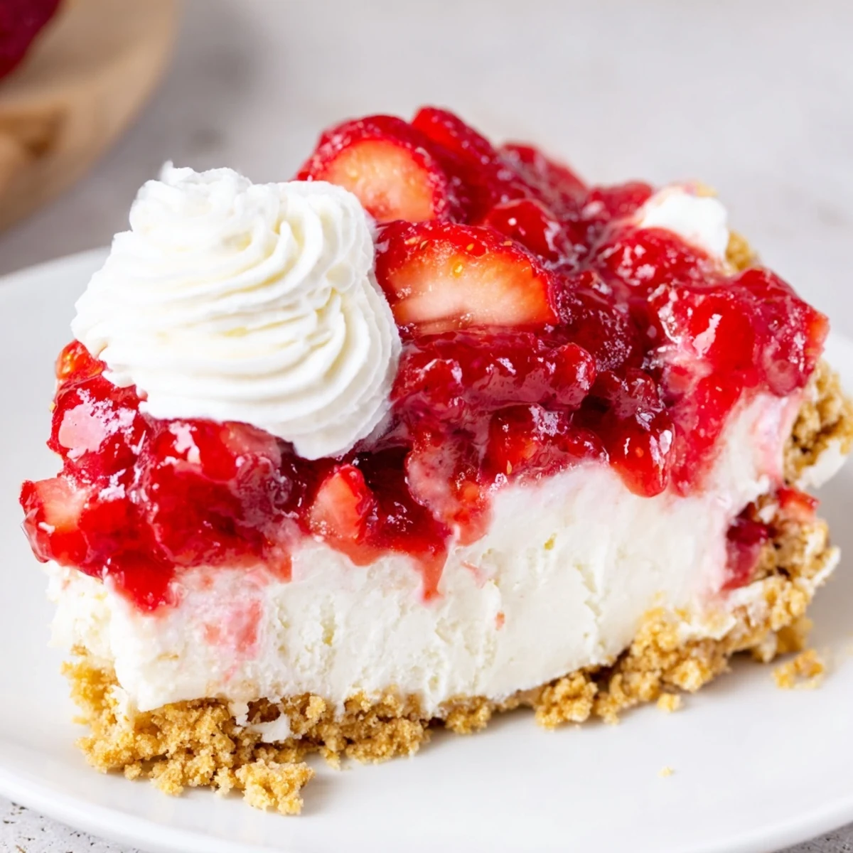 A close-up of Easy Strawberry Shortcake Ice Cream Cake with layers of creamy ice cream and fresh strawberries.