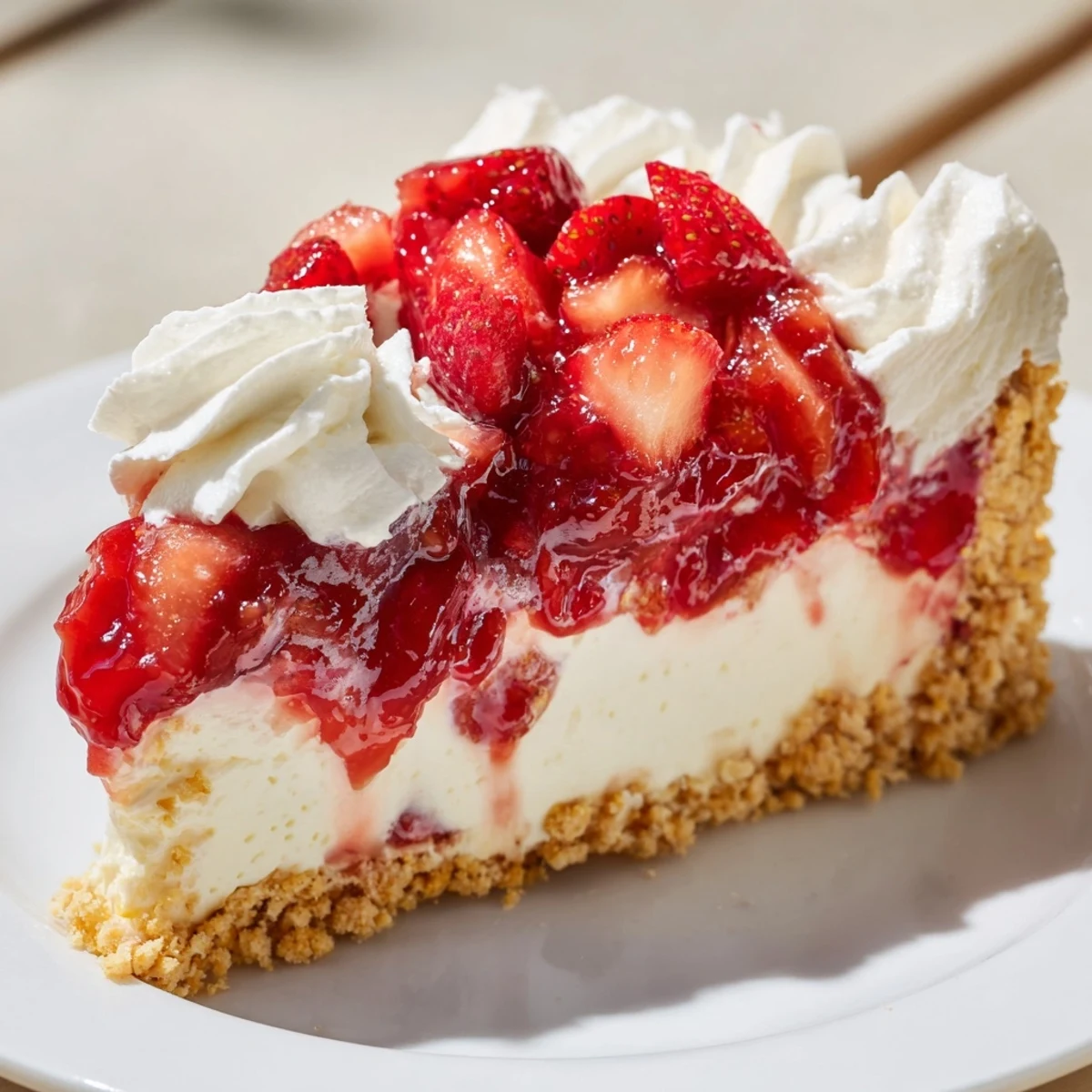 Easy Strawberry Shortcake Ice Cream Cake displayed with a slice revealing crumble topping and whipped cream.