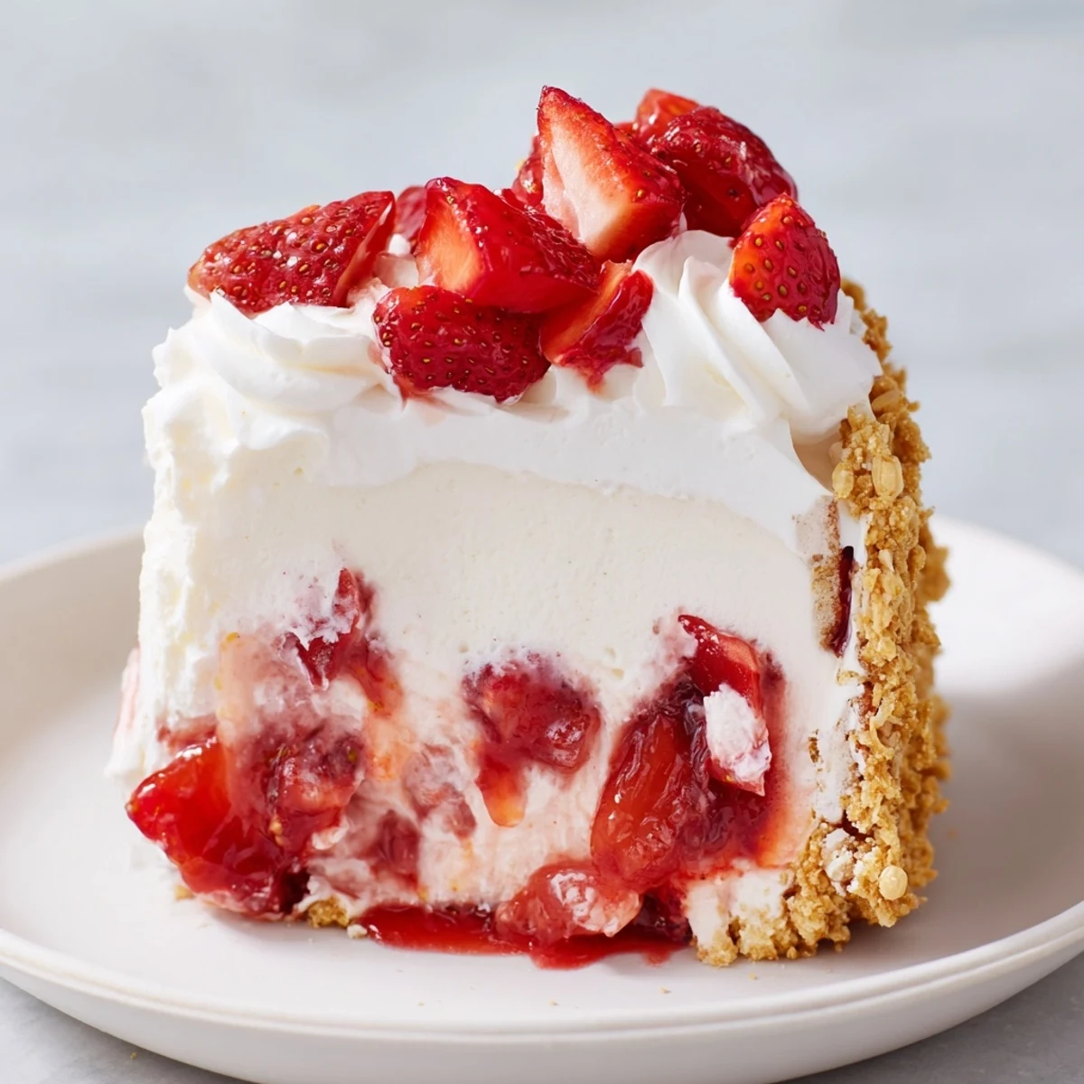 Easy Strawberry Shortcake Ice Cream Cake served on a summer table with vibrant strawberries and a drizzle of sauce.