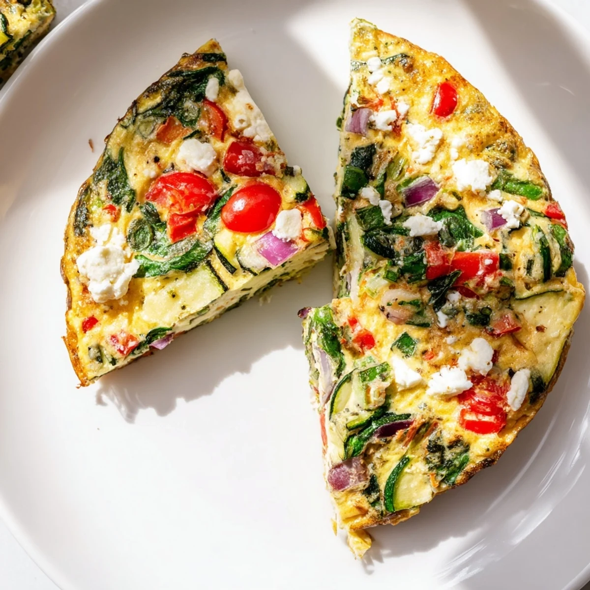Golden, fluffy Veggie Air Fryer Frittata slices with melty cheddar and bright peppers on a plate.