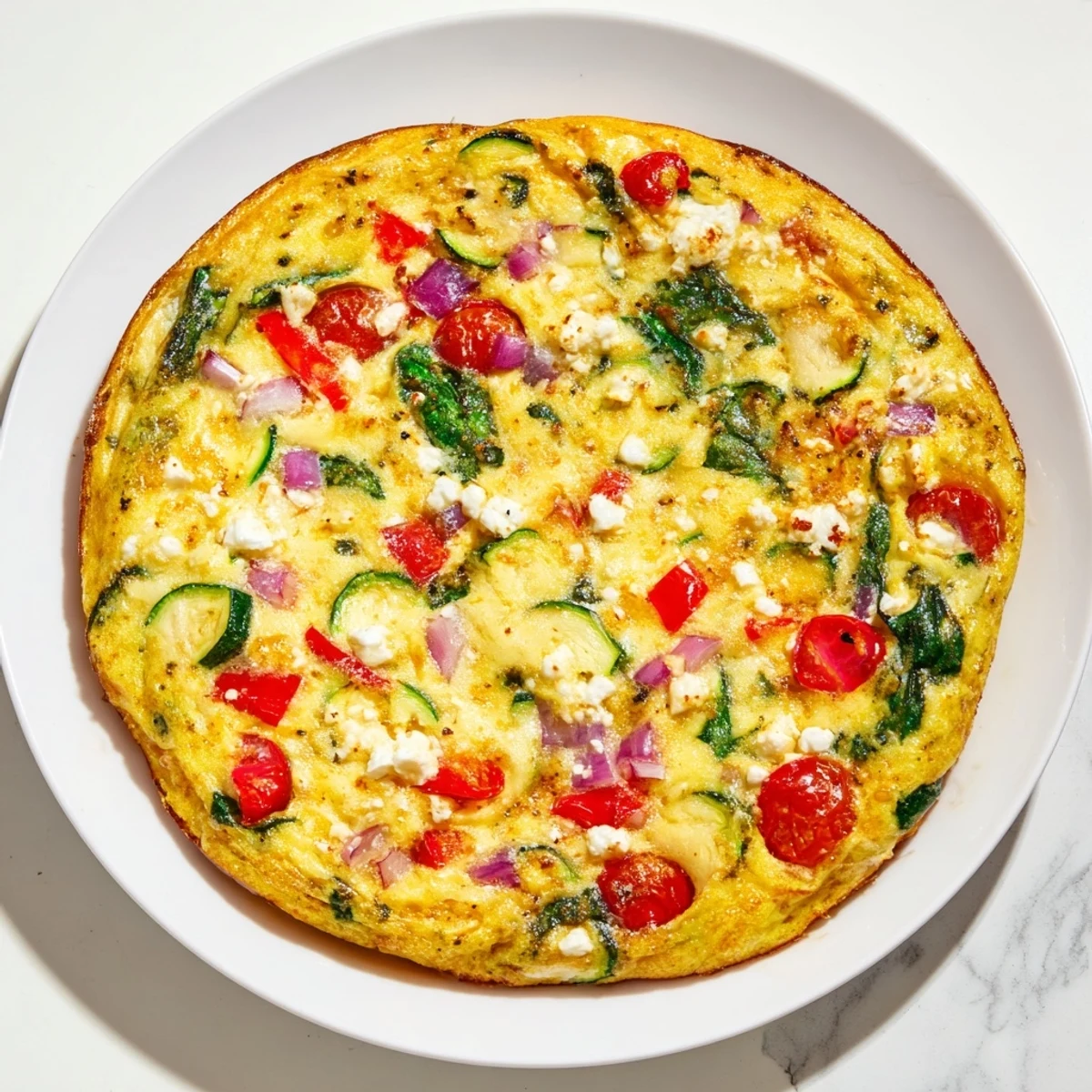 Savory Veggie Air Fryer Frittata resting in a pan, steam rising from the perfectly set eggs.