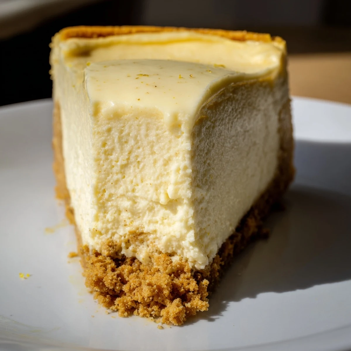 A slice of Rich Greek Yogurt Cheesecake with a graham cracker crust and tangy creamy filling.