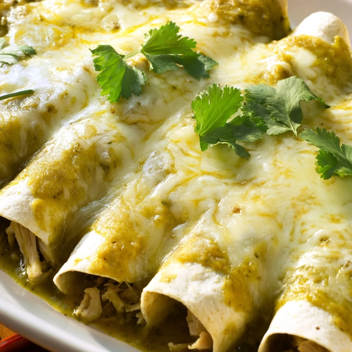 Baked Green Enchiladas With Chicken in a dish with melted Monterey Jack cheese and fresh cilantro garnish for a Mexican dinner.