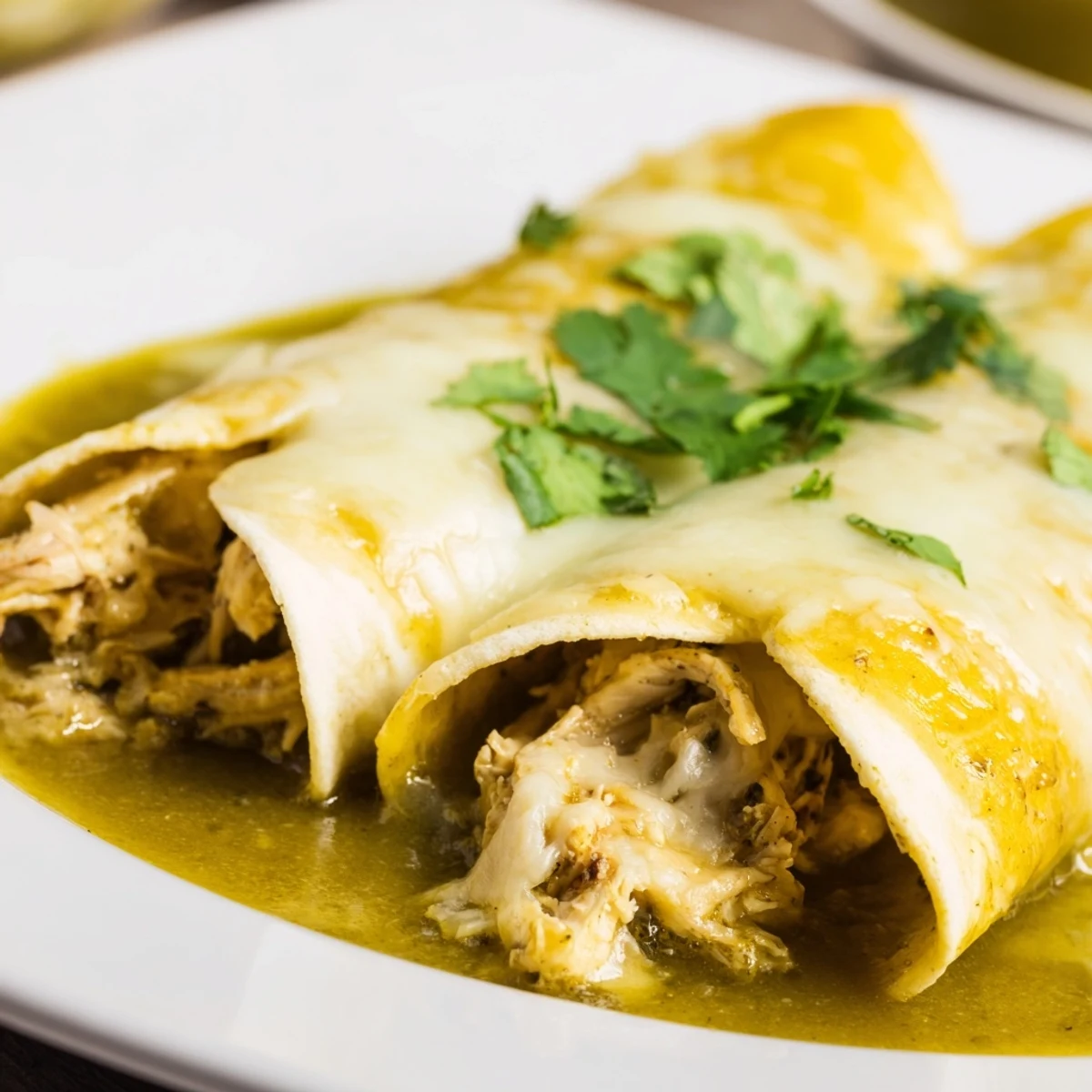 Close-up of Green Enchiladas With Chicken rolled in corn tortillas, smothered in tangy green sauce and melted cheese for a gluten-free meal.
