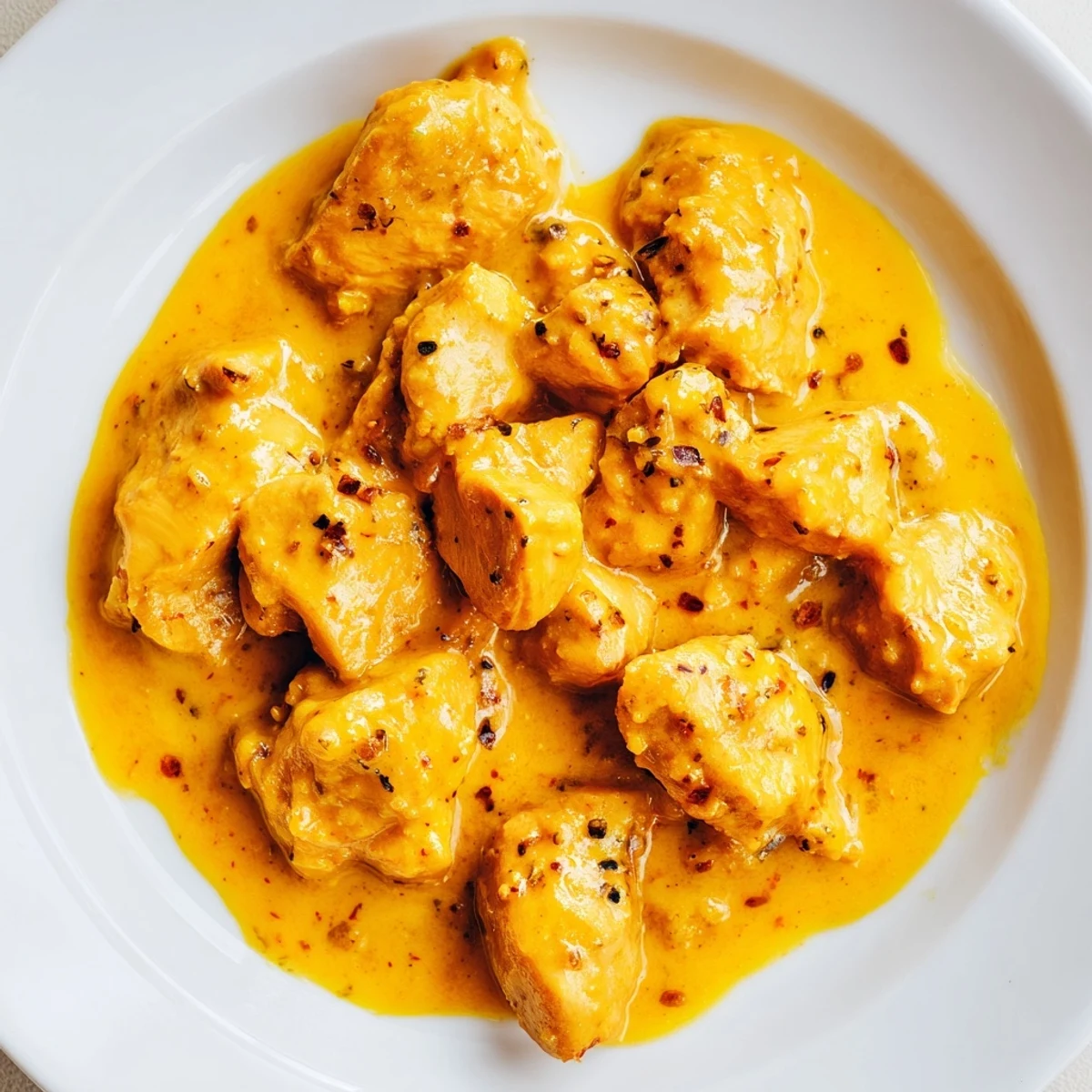 Close-up of Mango Chicken Curry topped with sliced red chilies and cilantro, rustic wooden table background, ready to serve with warm naan bread.