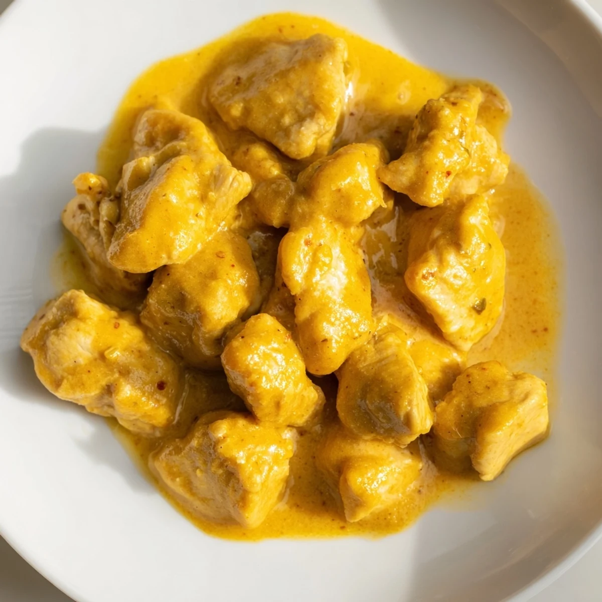 A skillet of simmering Mango Chicken Curry shows juicy chicken chunks coated in rich coconut-mango sauce, with a spoon stirring fragrant spices.