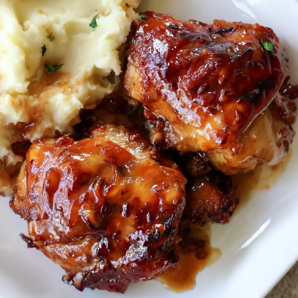 Golden-brown chipotle honey chicken thighs glisten beside creamy smoked Gouda mashed potatoes on a rustic dinner plate.