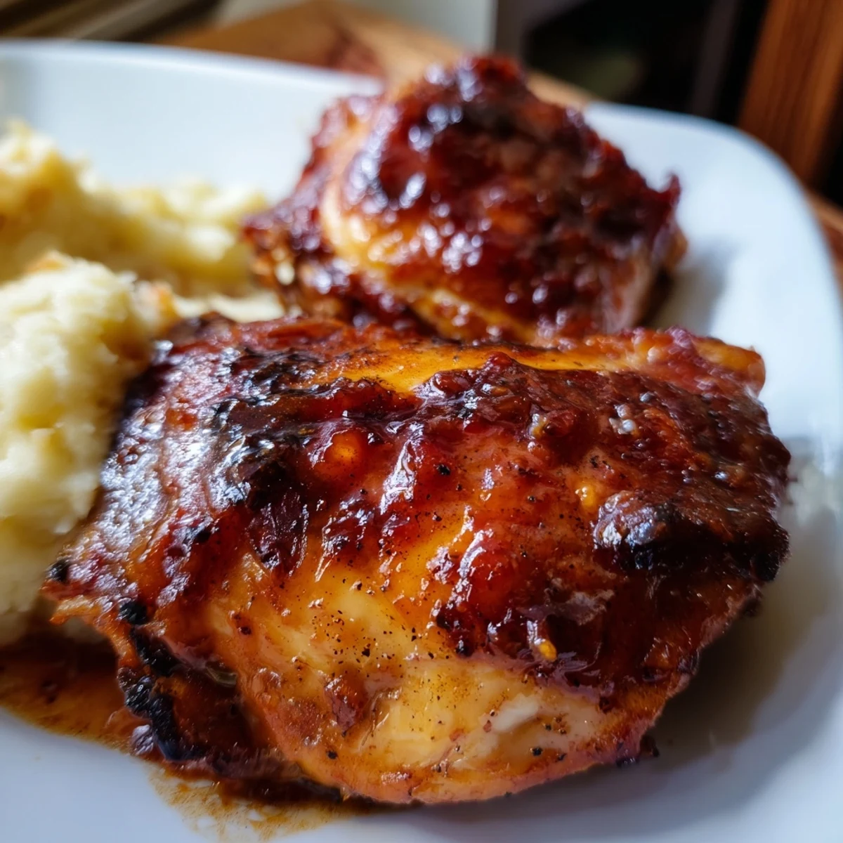 Savory chipotle honey chicken thighs with crispy skin served over fluffy, cheesy smoked Gouda potatoes garnished with chives.