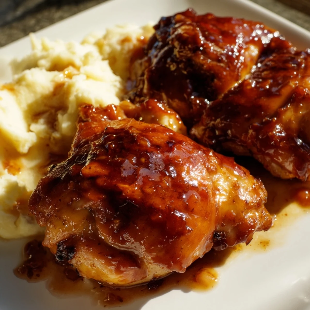 A close-up of tender chipotle honey chicken thighs and smooth smoked Gouda potatoes, perfect for weeknight comfort food.