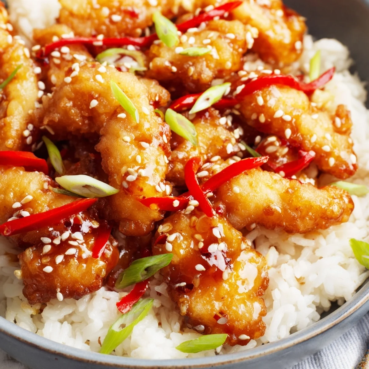 Golden, crispy cod strips glistening with sweet and spicy glaze are nestled over fluffy jasmine rice, topped with a vibrant chili-garlic drizzle and fresh cilantro.