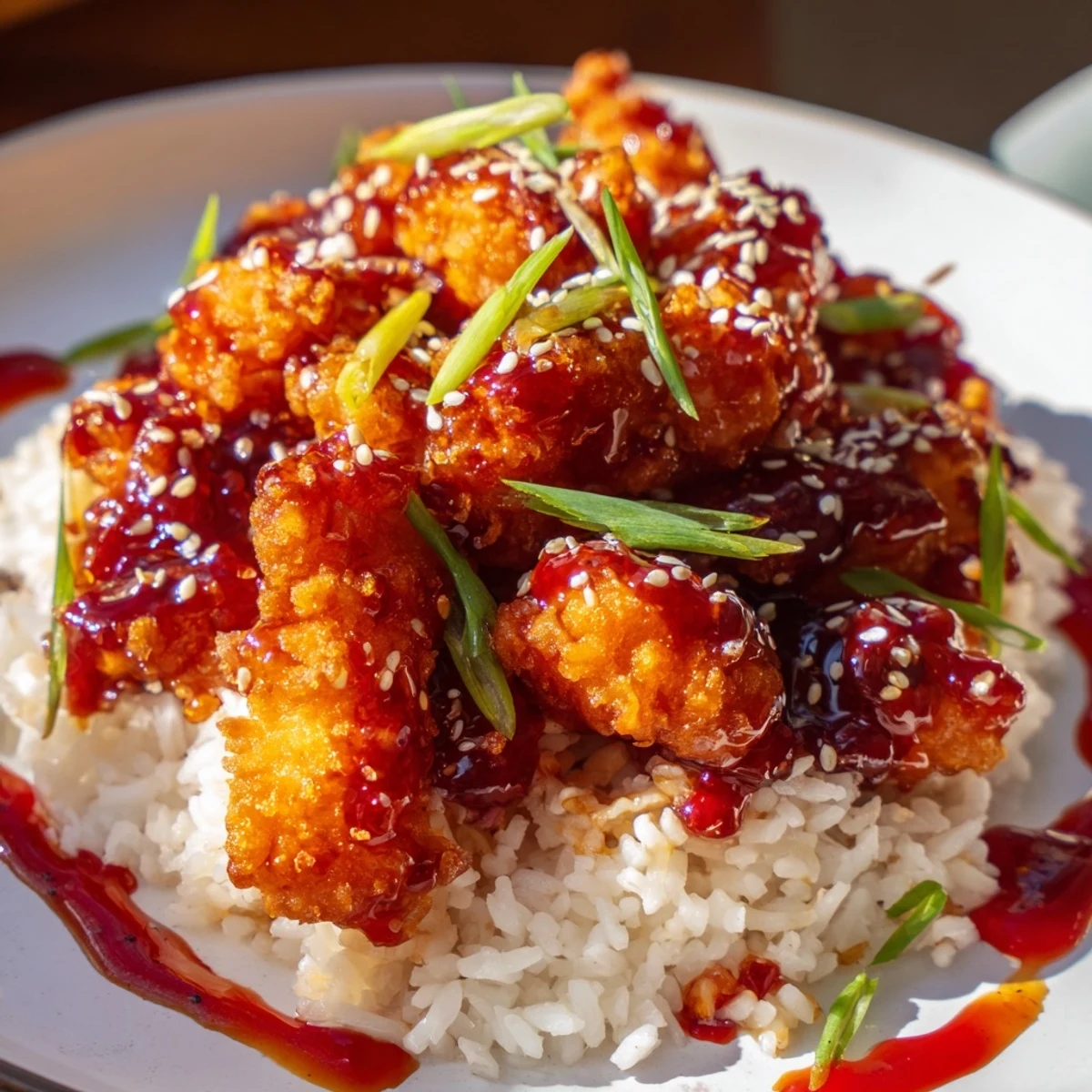 A close-up of this Sweet & Spicy Cod Strips with Chili-Garlic Drizzle over Rice reveals tender fish, a glossy sauce, and steamed rice on a dinner plate.
