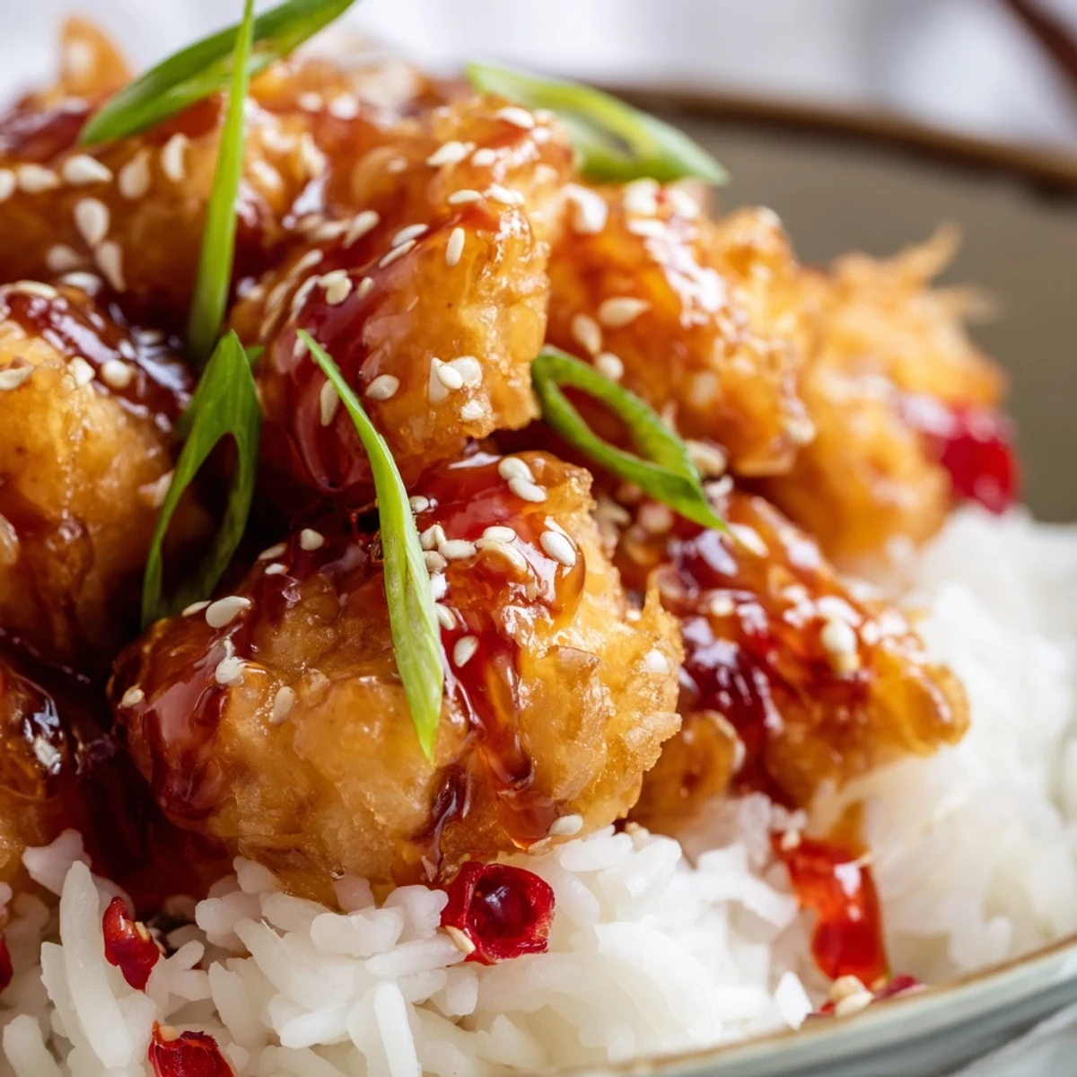 Golden cod pieces topped with a bright red chili-garlic oil rest on a bed of fluffy white rice, creating a delicious and colorful main dish.