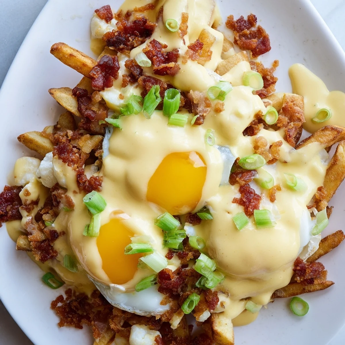 Golden crispy russet fries topped with fresh cheese curds, savory bacon crumbles, and a sunny-side-up egg for the Ultimate Breakfast Poutine with Creamy Hollandaise Sauce.