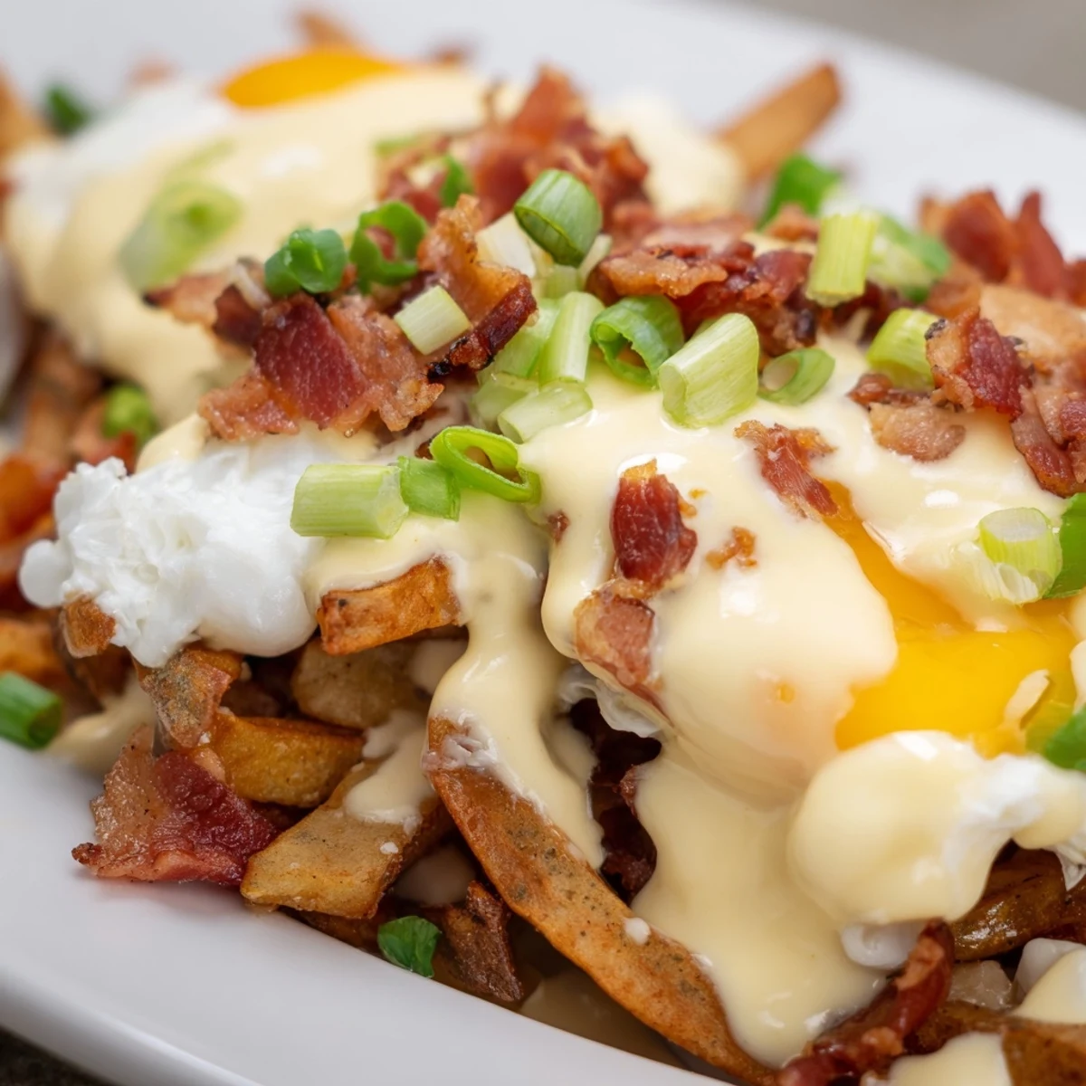 A close view of Ultimate Breakfast Poutine with Creamy Hollandaise Sauce featuring crispy fries, melted cheese curds, and a poached egg.