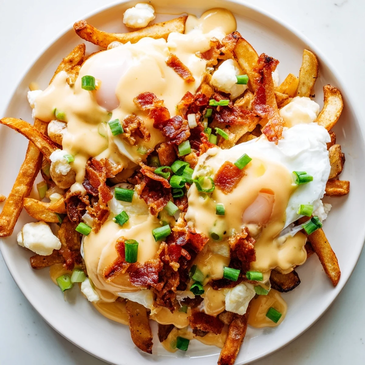 Freshly made Ultimate Breakfast Poutine with Creamy Hollandaise Sauce drizzled over fries, cheese curds, and breakfast toppings on a white plate.