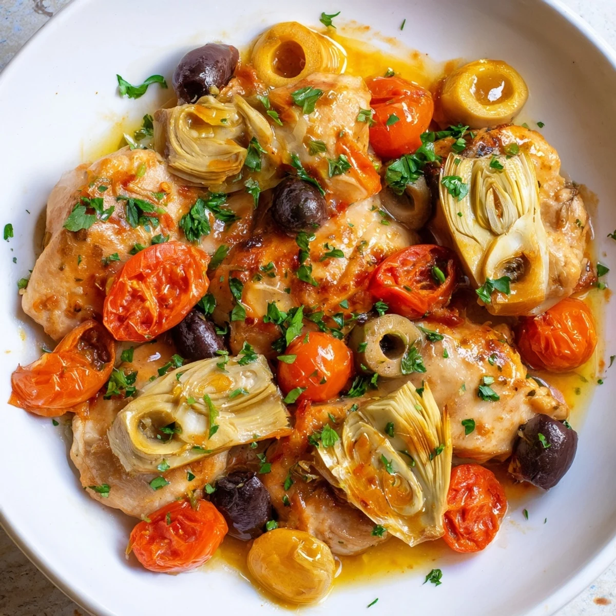 Golden-brown Mediterranean Lemon Chicken with Artichokes and Olives simmering in a skillet, releasing zesty lemon aromas and briny olive notes.