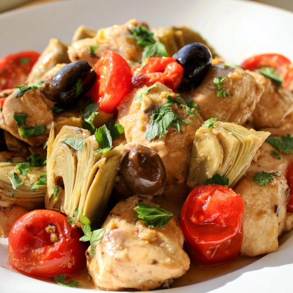Served Mediterranean Lemon Chicken with Artichokes and Olives alongside roasted vegetables, ready for a light and satisfying dinner.