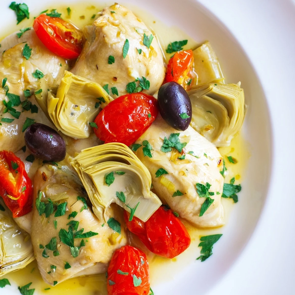 A close-up of Mediterranean Lemon Chicken with Artichokes and Olives, garnished with fresh parsley and vibrant red tomatoes.