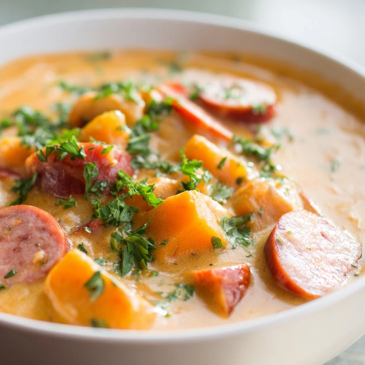Creamy Sweet Potato and Sausage Soup steams in a rustic bowl, garnished with fresh parsley and paired with crusty bread.