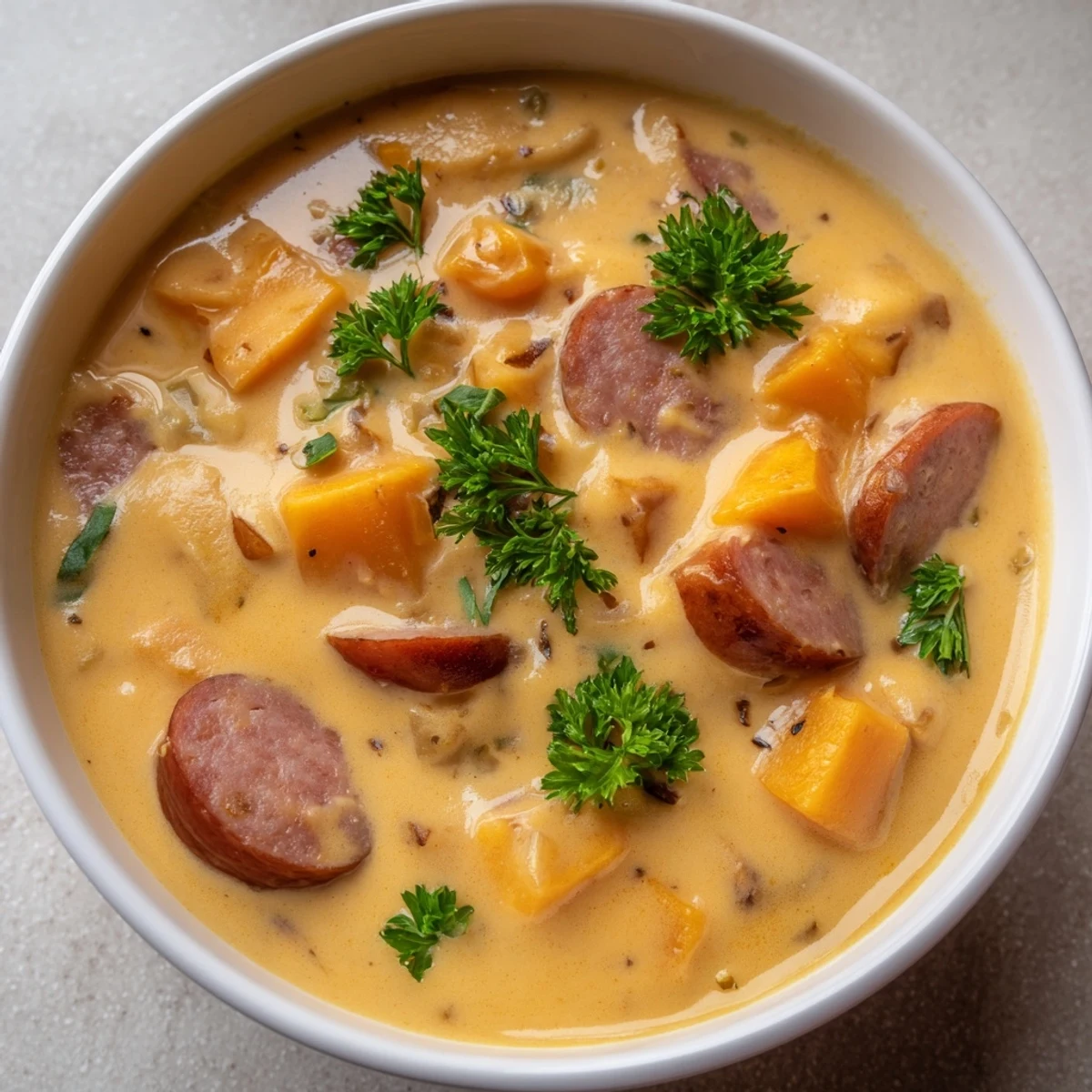Hearty Creamy Sweet Potato and Sausage Soup shows chunky sweet potatoes and browned sausage pieces in a velvety orange broth.