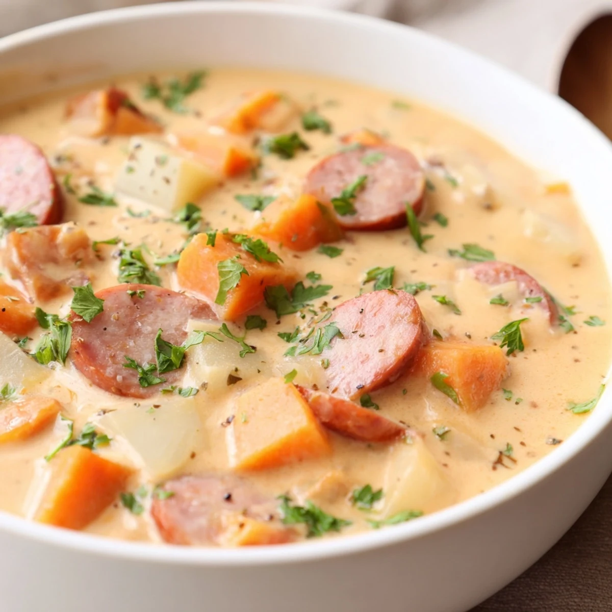 Warm Creamy Sweet Potato and Sausage Soup is served in a white bowl, with a spoon resting beside it.