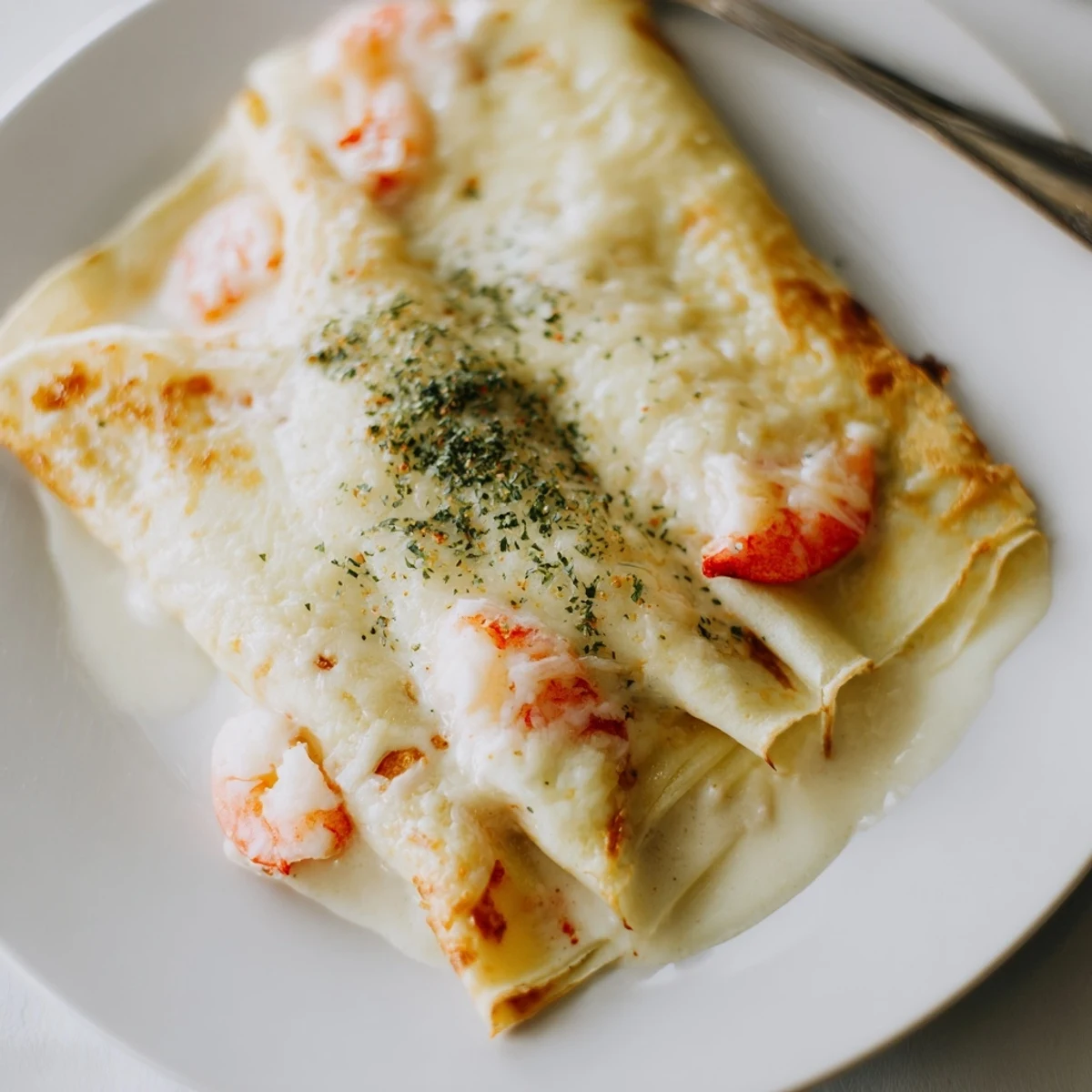 Tender rolled Gourmet Seafood Crêpes with Homemade Béchamel Sauce served on a white plate alongside a glass of white wine.