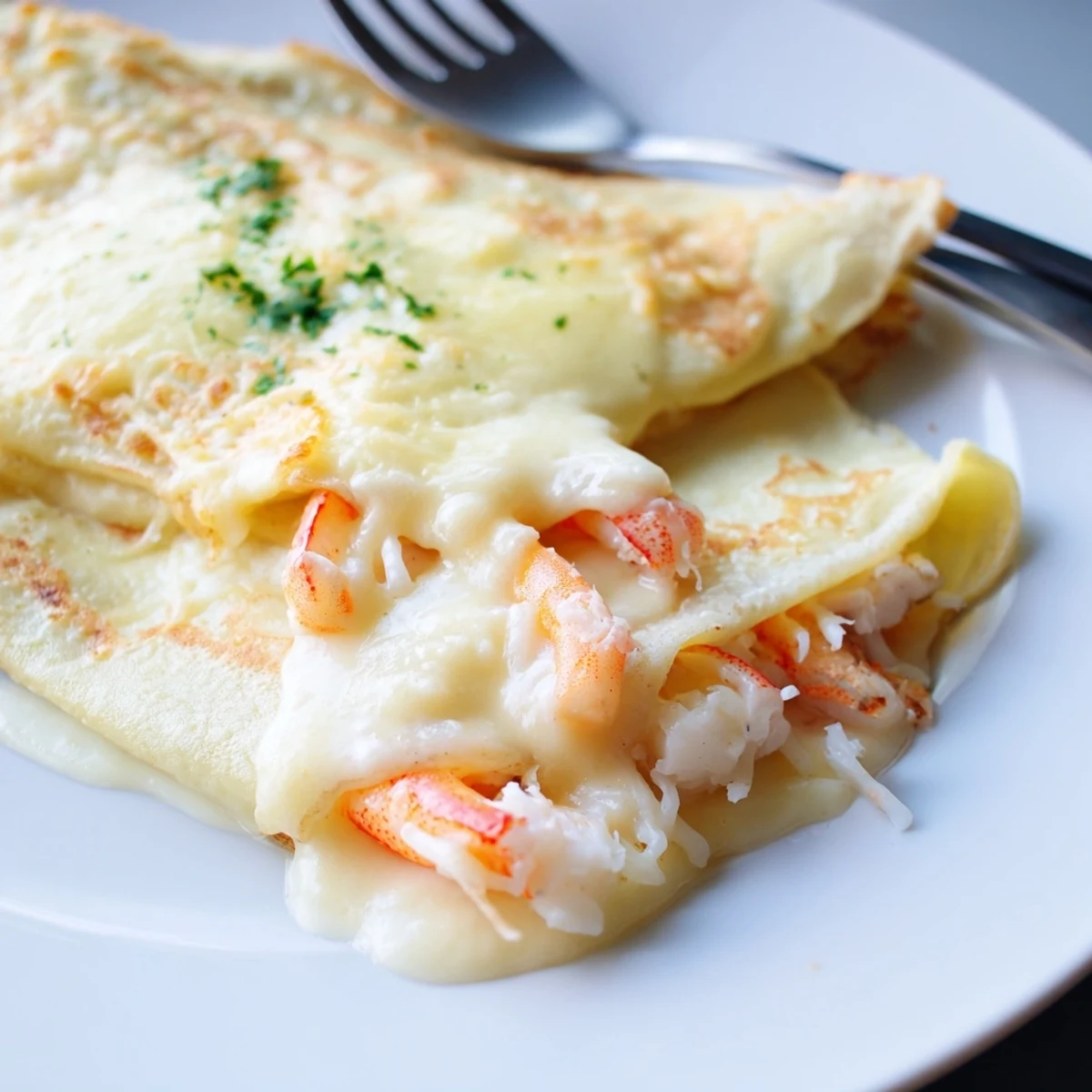Golden-brown Gourmet Seafood Crêpes with Homemade Béchamel Sauce bubbling in a ceramic baking dish, garnished with fresh chives.