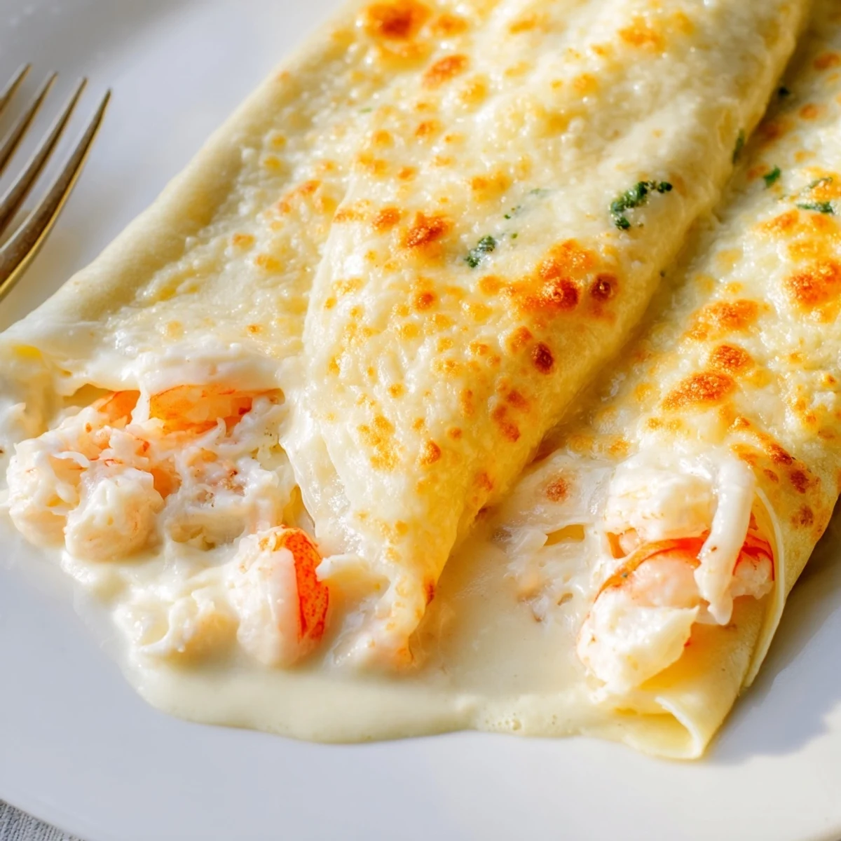 Close-up of Gourmet Seafood Crêpes with Homemade Béchamel Sauce showing creamy shrimp and crab filling under velvety sauce.