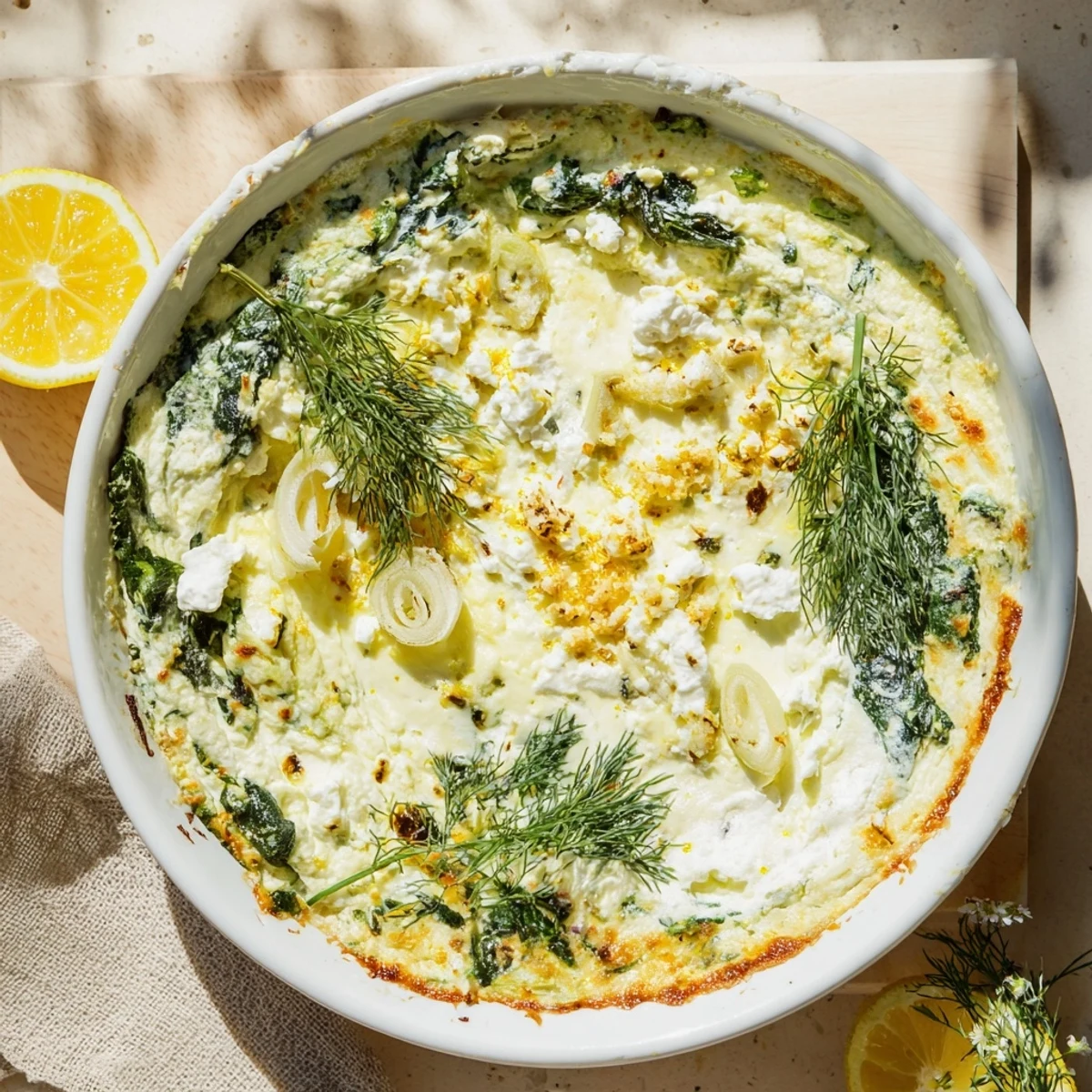 A close-up of baked spinach and pepperoncini feta dip in a dish, garnished with fresh herbs and served with pita chips.
