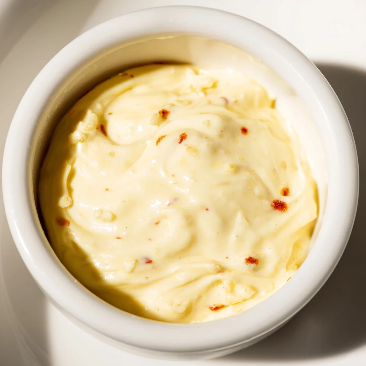 A bowl of Spicy Aioli shows creamy texture with minced garlic and paprika, ideal for fries.