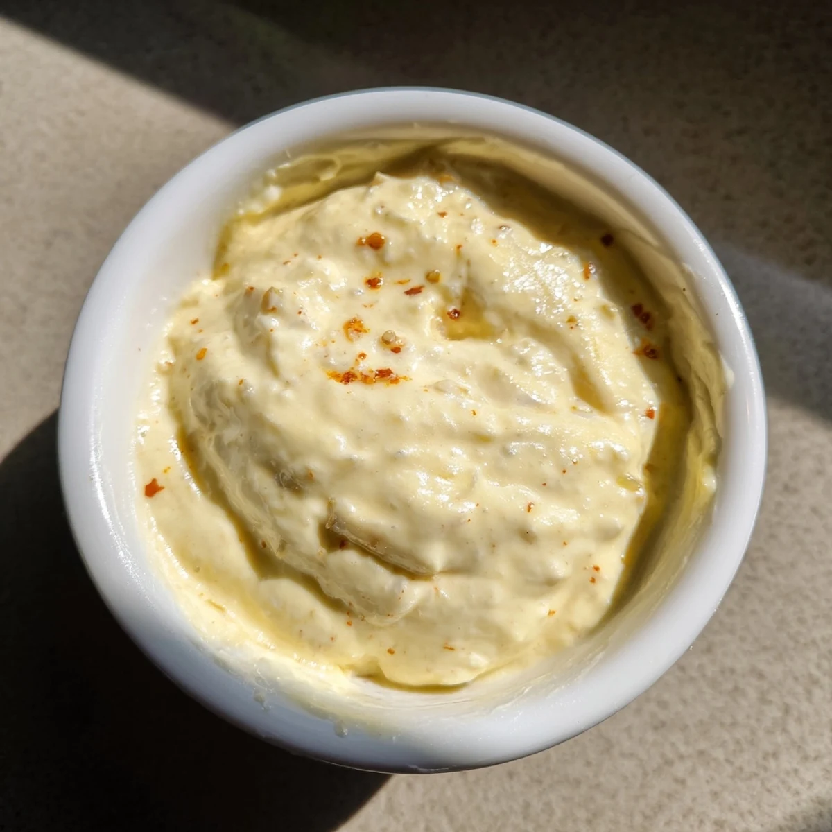 Spicy Aioli in a white dish garnished with herbs, served alongside grilled chicken for dipping.