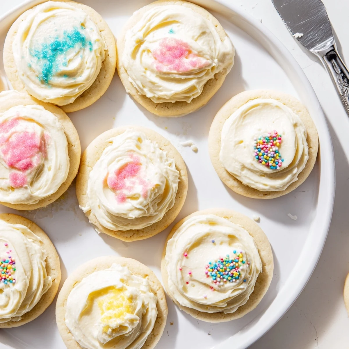 A fluffy white swirl of Easy Sugar Cookie Frosting spread smoothly on a round sugar cookie.