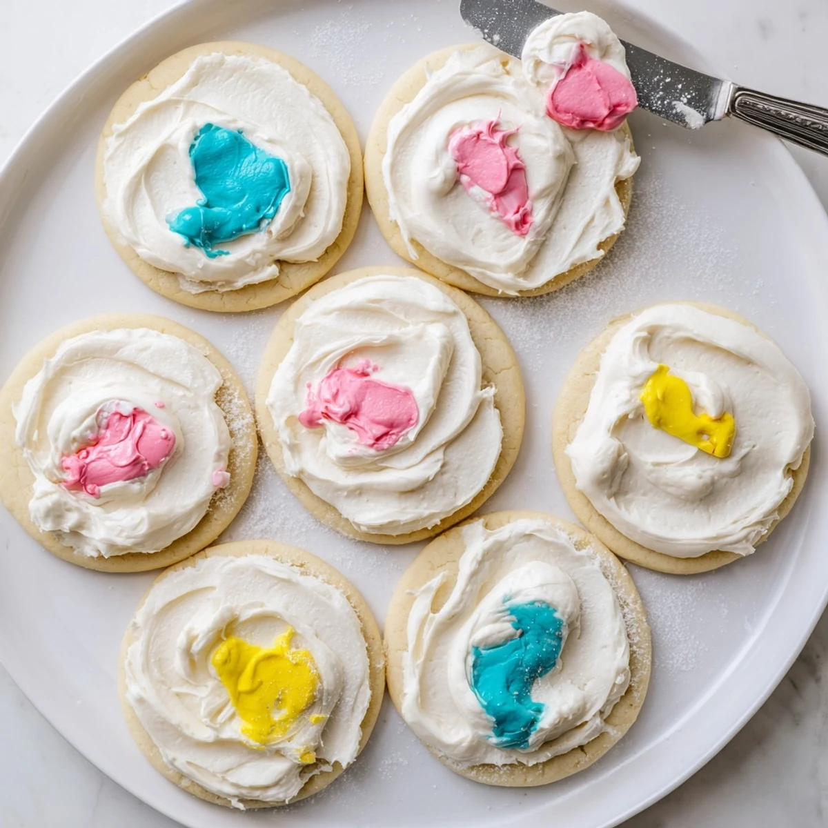 Easy Sugar Cookie Frosting piped in a thick swirl over freshly baked sugar cookies.